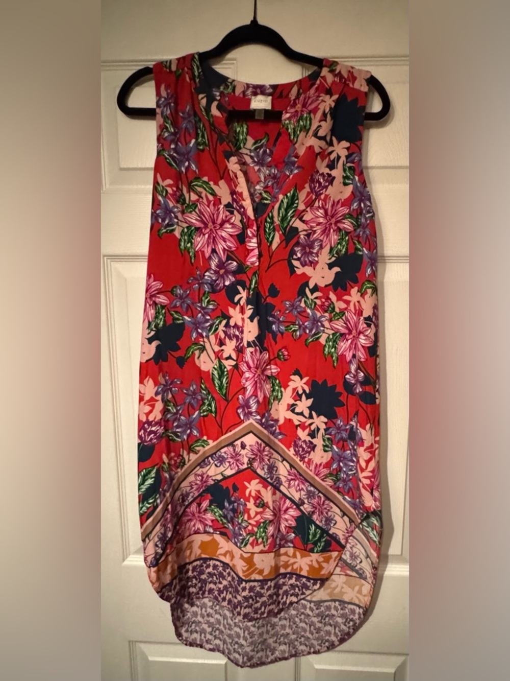 Cupio Sz Large Tropical Red Floral Hi-Low dress with Pink & Purple Blooms